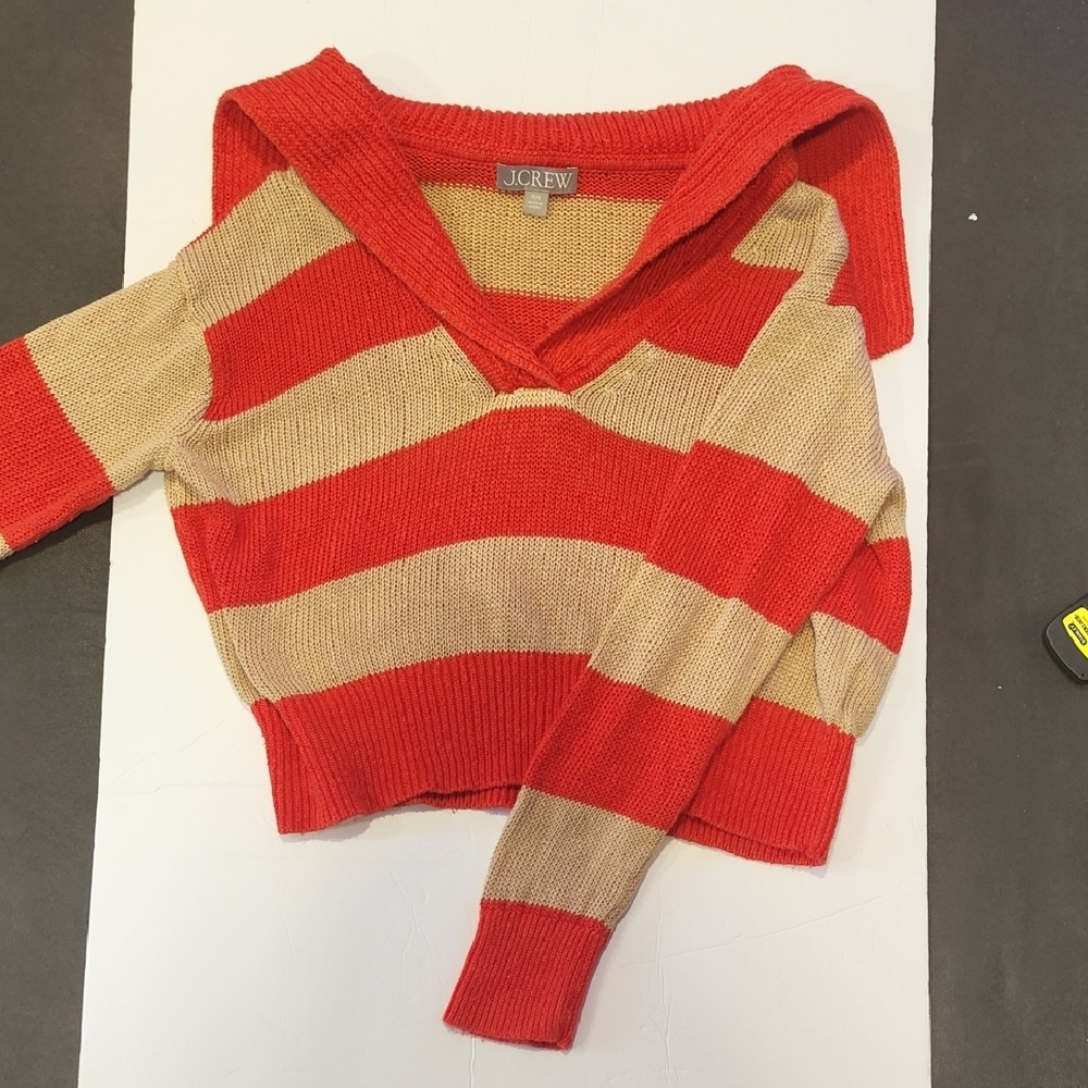J. Crew V-Neck Sweater in Red and Tan Stripes
